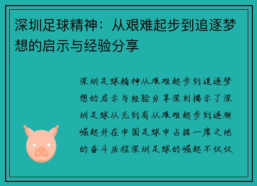 深圳足球精神：从艰难起步到追逐梦想的启示与经验分享