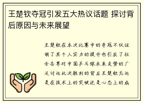 王楚钦夺冠引发五大热议话题 探讨背后原因与未来展望